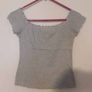 Hollister junior size large black & white striped,stretchy top w/scalloped trim